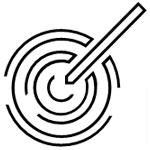 Schwarz-weißes Icon mit einer Zielscheibe und einem Stift oder Pfeil, das Präzision und Zielsetzung symbolisiert
